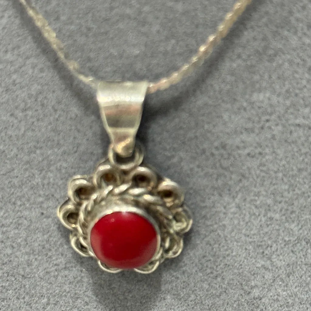 Vintage sterling silver round red coral necklace & pendant Mexico 925 - Image 2