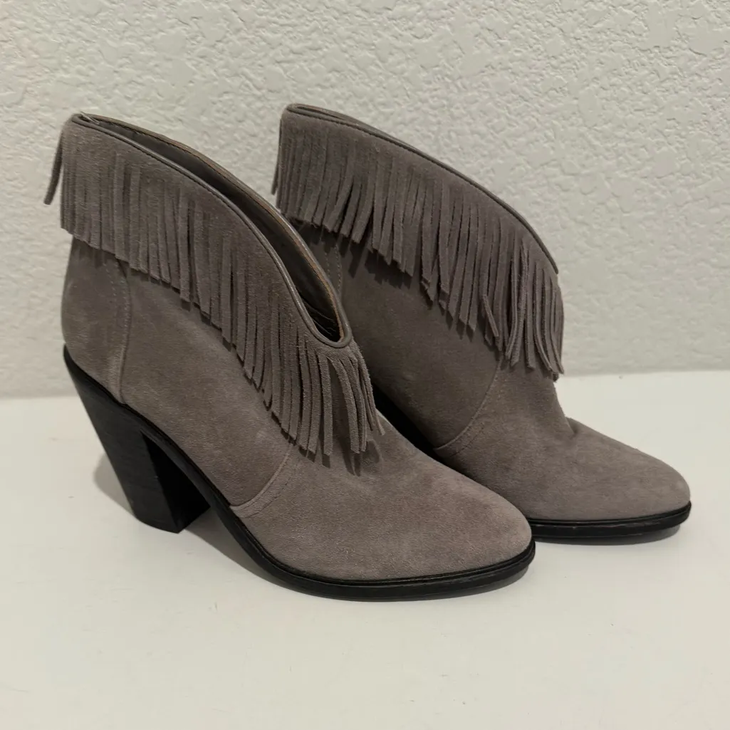 JOIE Loren Fringe Gray Suede Chunky Heel Booties Size 38 Western Boho - Image 3