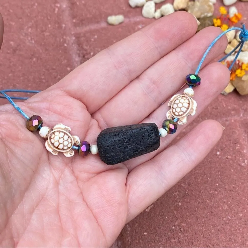 Black Lava Stone Turtle Leather Necklace Handmade - Image 3