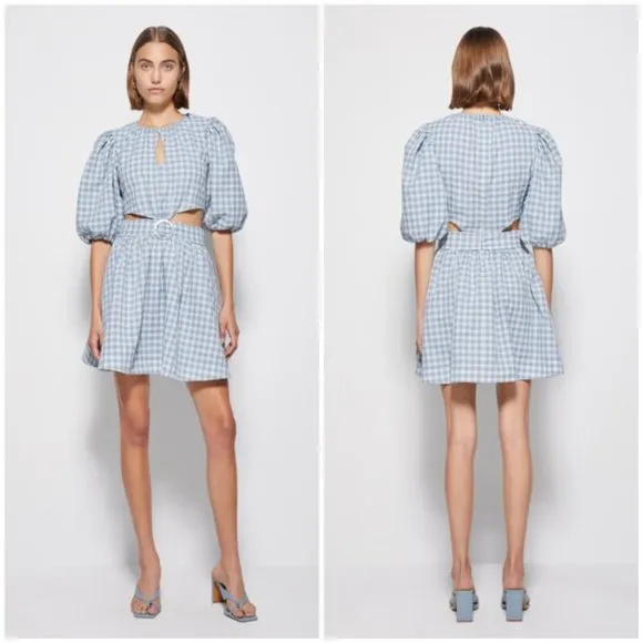 JONATHAN SIMKHAI Soo Seersucker Plaid Puff Sleeve Cutout Mini Dress Blue XS NWOT - Image 2