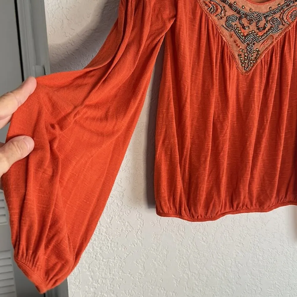 Free People Orange Beaded Mesh Viscose Long Sleeve Top Small Fall Boho - Image 4