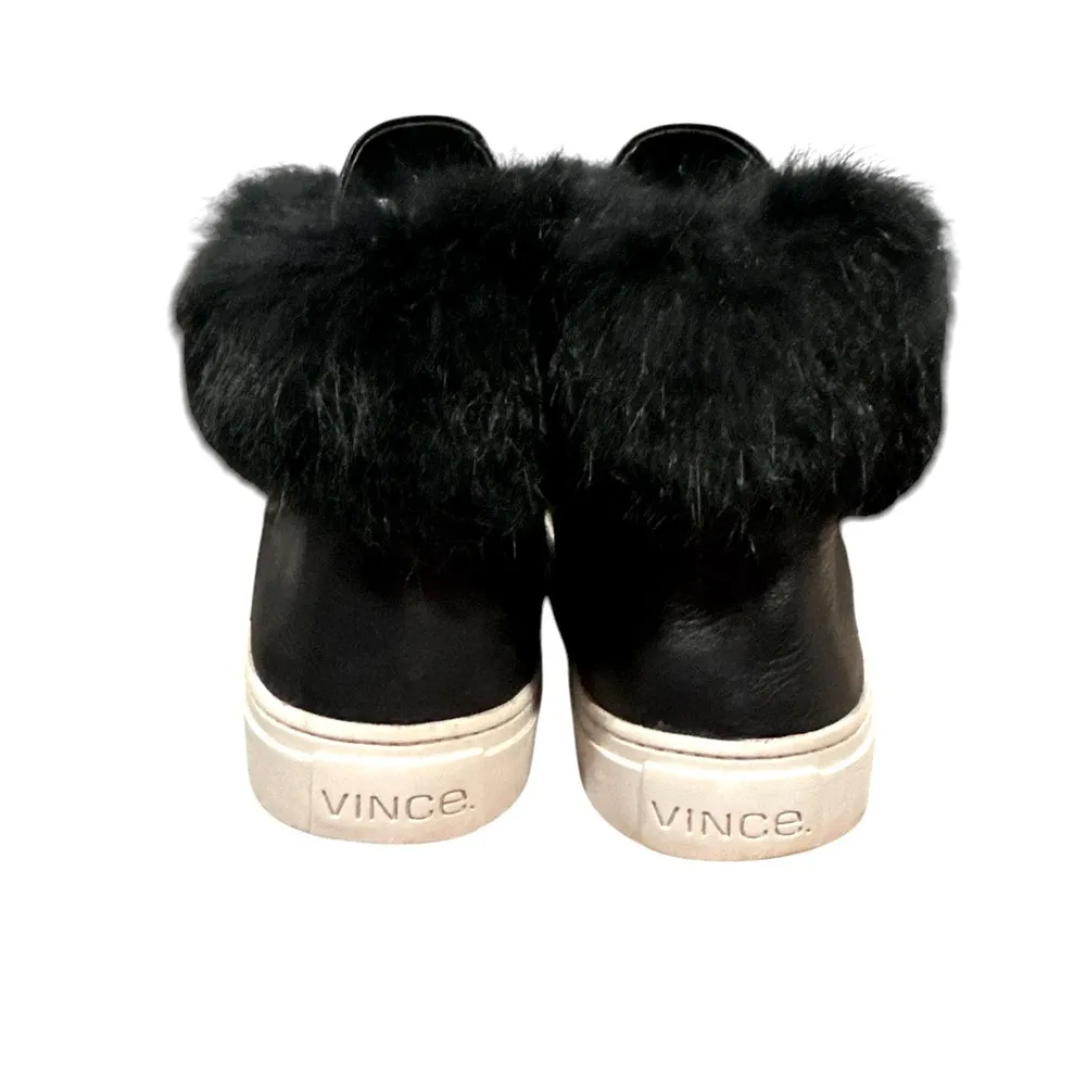 VINCE NYACK LADIES BLACK HIGH TOP RABBIT FUR TRIMMED SNEAKERS 9 - Image 6