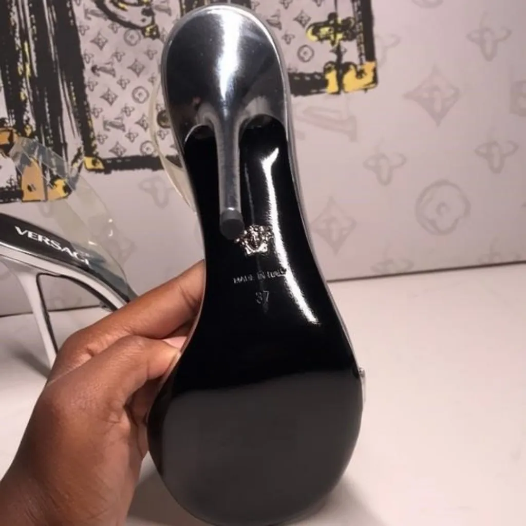 New Authentic Versace Silver Metallic High Heel Sandals – Gianni Ribbon Detail - Image 6