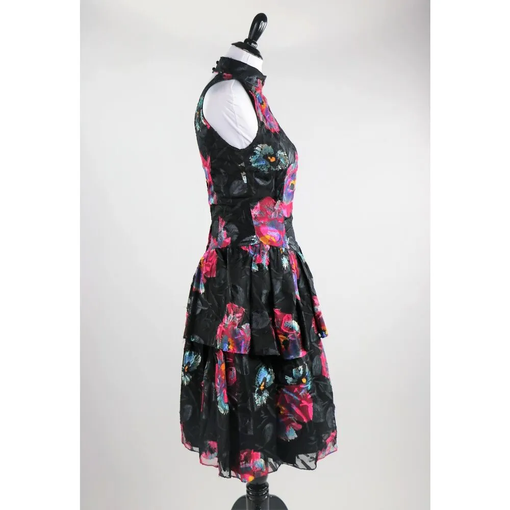 Vintage 1980s Black Floral Backless Cachet Dress By Bari Protas Medium - Image 7