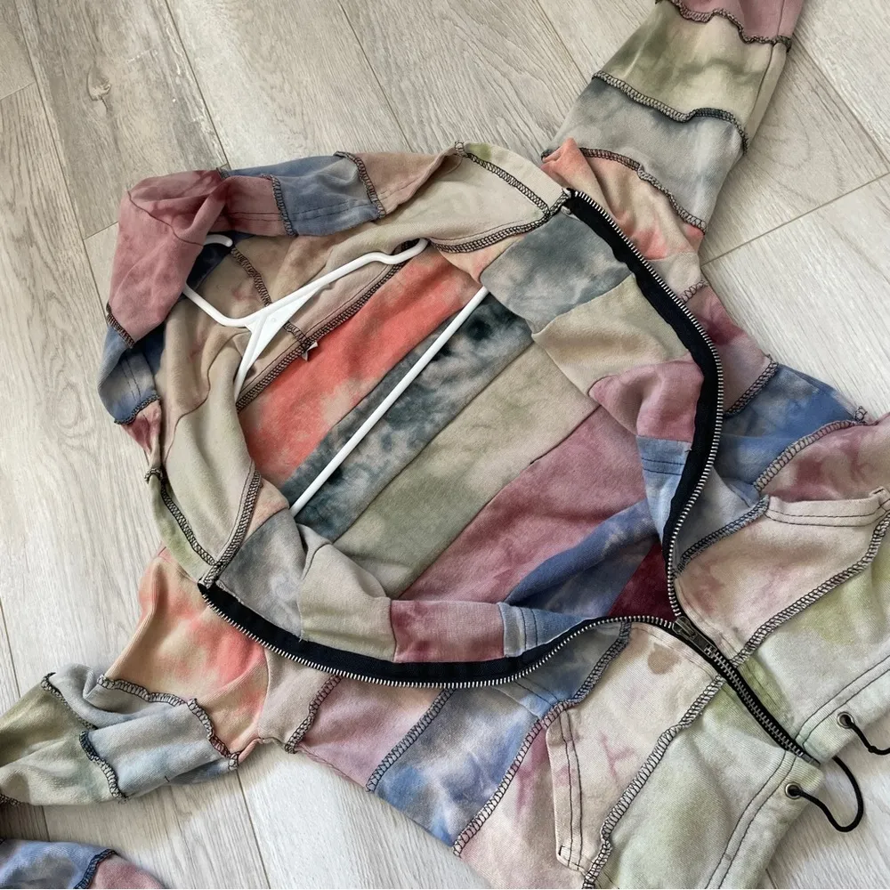 Nepal Patchwork Jacket cotton striped hooded zip womens (medium) grunge pastel Green - Image 4