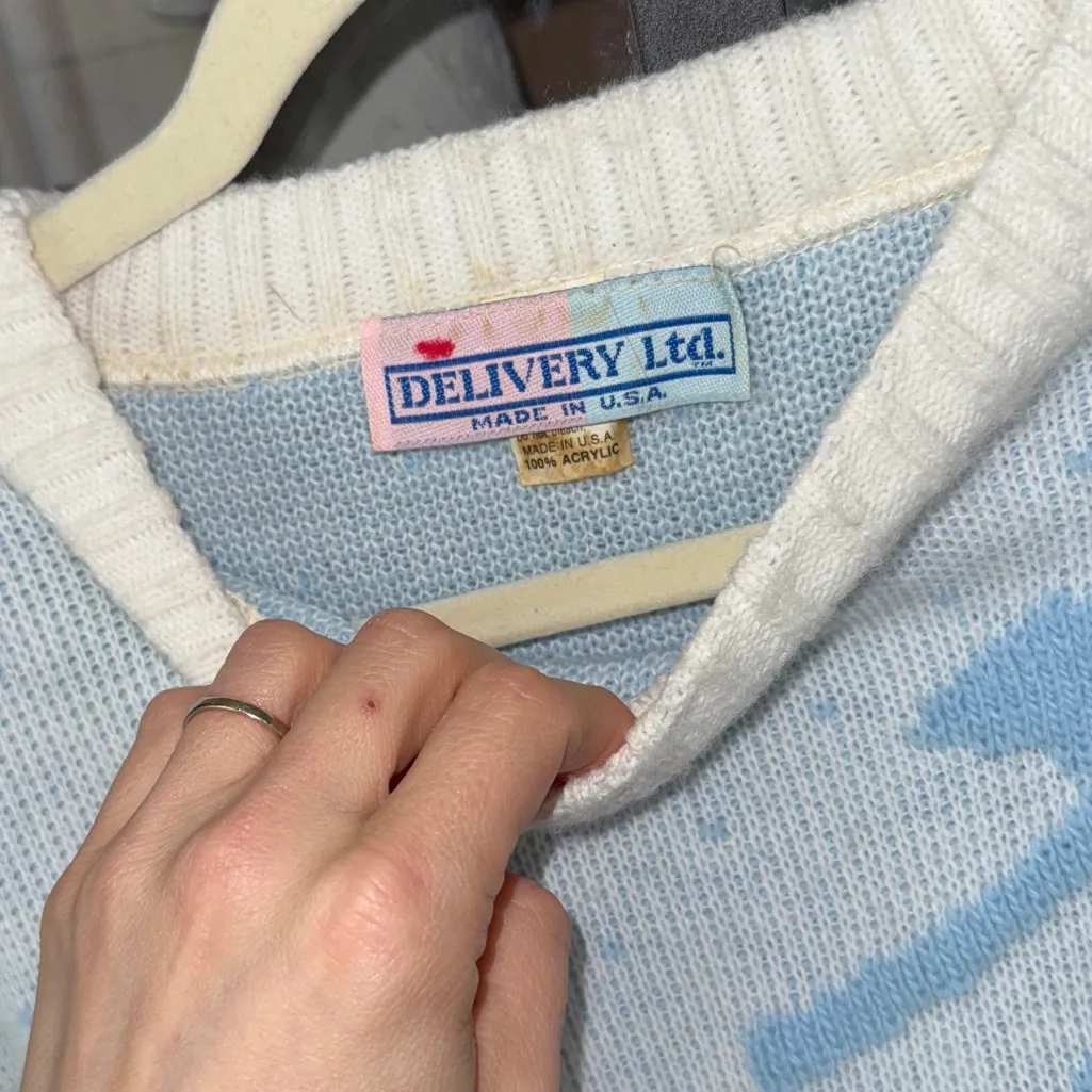Vintage 80s Pastel Bow Sweater knit crewneck Pullover DELIVERYLtd grandmillenial Blue Size XL - Image 3