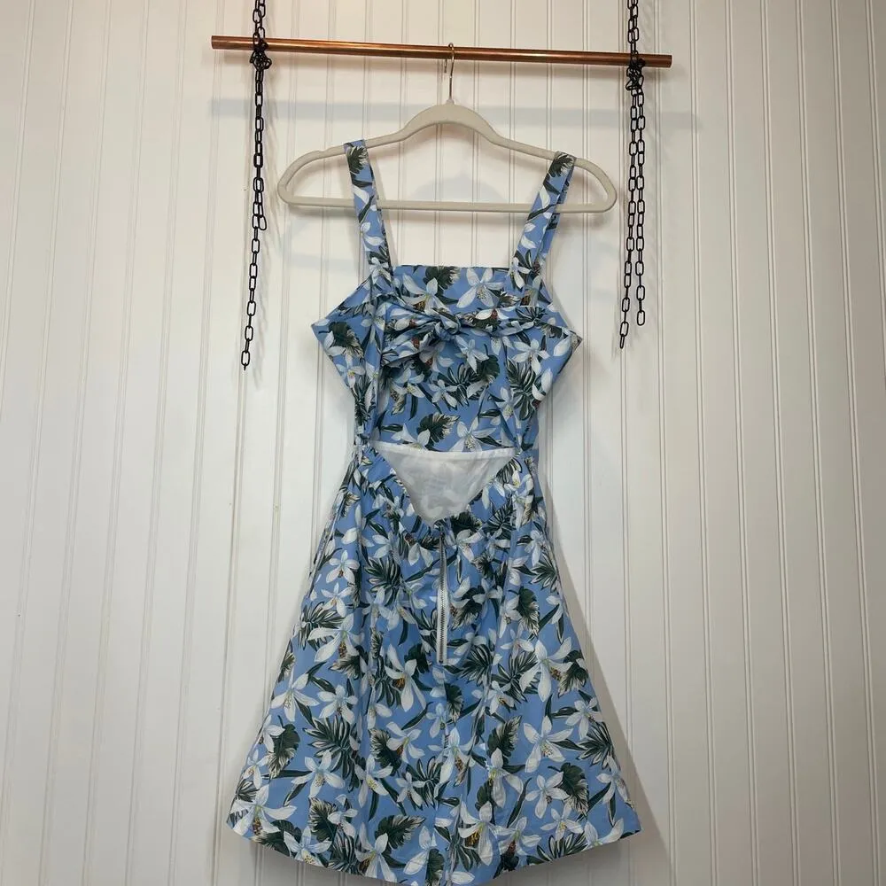 Aqua Blue Green Floral Hawaiian Floral Mini Dress Cut Out Back Cotton Size XS - Image 3