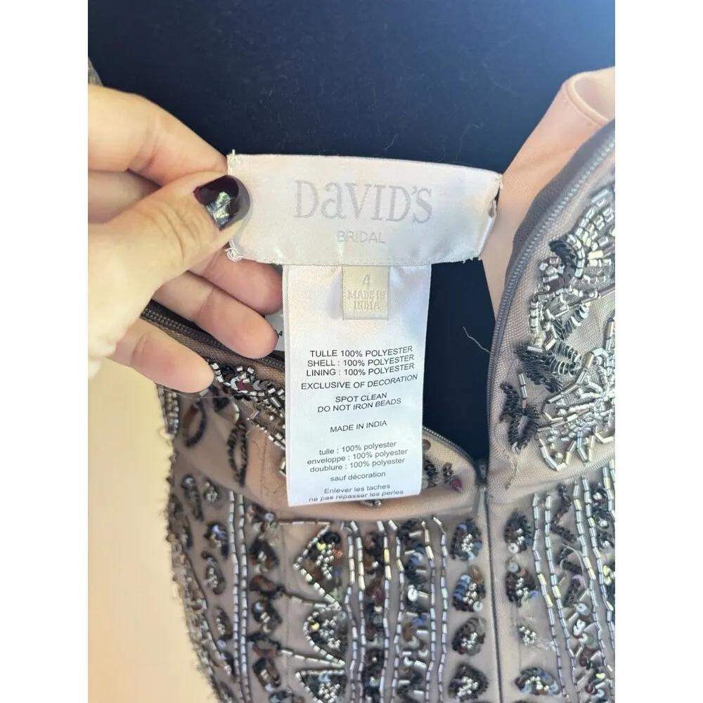 DAVID’S BRIDAL Taupe Silk V-neck Black Beads Nude Lined Cap Sleeves Long Dress 4 - Image 7