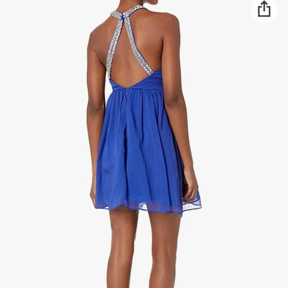 Minuet Royal Blue Cocktail Evening Halter Dress with Beaded Straps & Open Back - Image 6