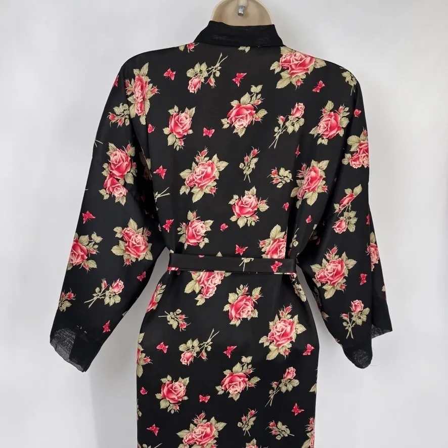 Vintage Honors Intimates Robe Womens Small Black Polyester Romantic Rose Print - Image 7