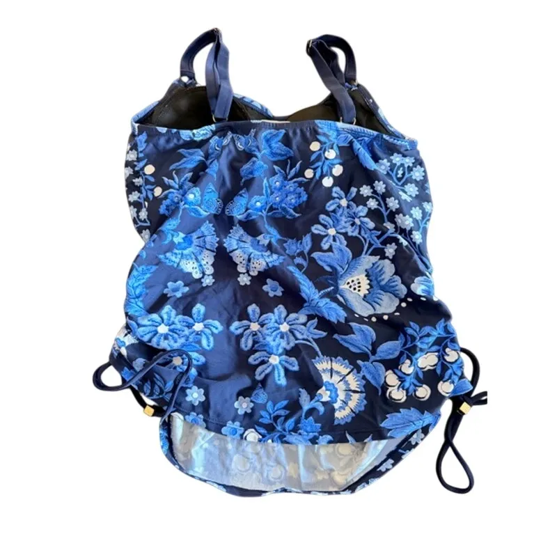Gloria Vanderbilt Tankini Swimsuit Set Blue Floral Top & Bottom Size 10 - Image 5