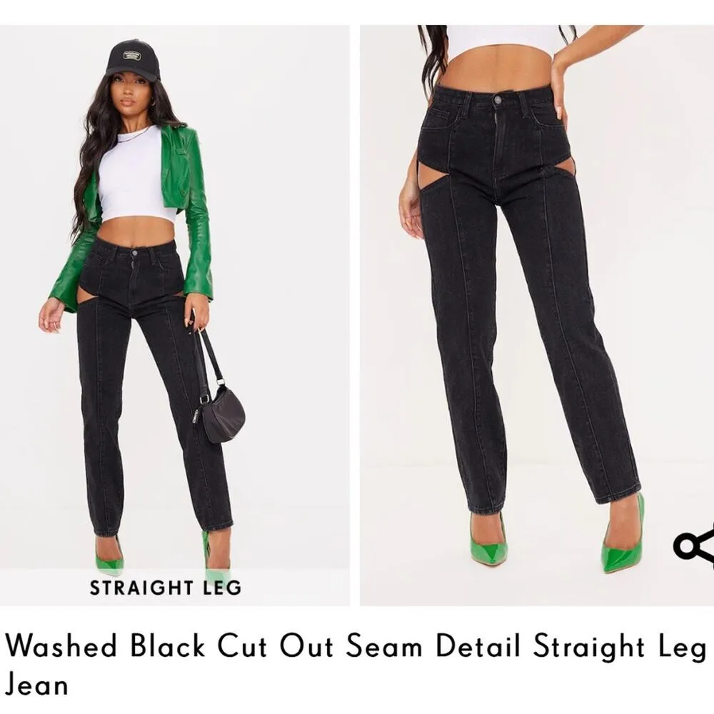 PrettyLittleThing - Cut Out Seam Detail Straight Leg Jeans Size in Black - Image 9