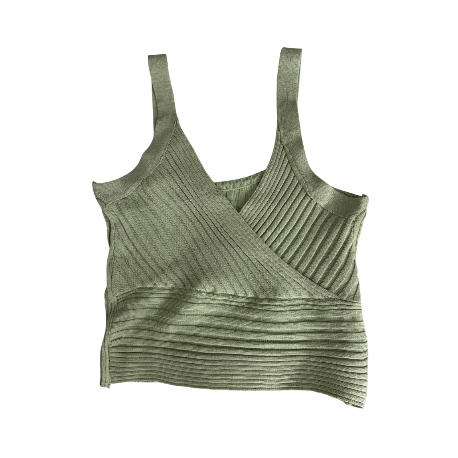 Ribbed Knit Crop Top, Sleeveless Cami Tank Top,‎ Sage Green Summer Fashion - Image 2