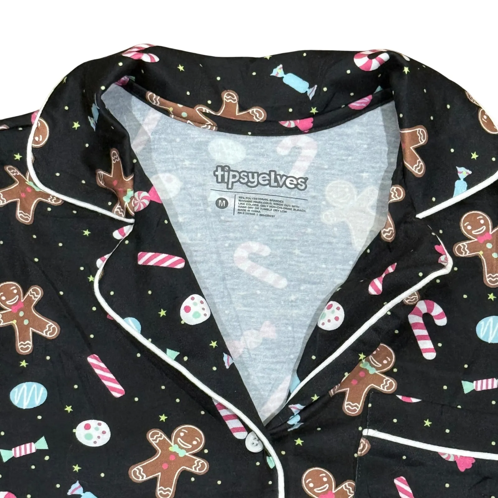 Tipsy Elves Black Gingerbread Candy Print Pajama Set Long Sleeve Pants M - Image 3