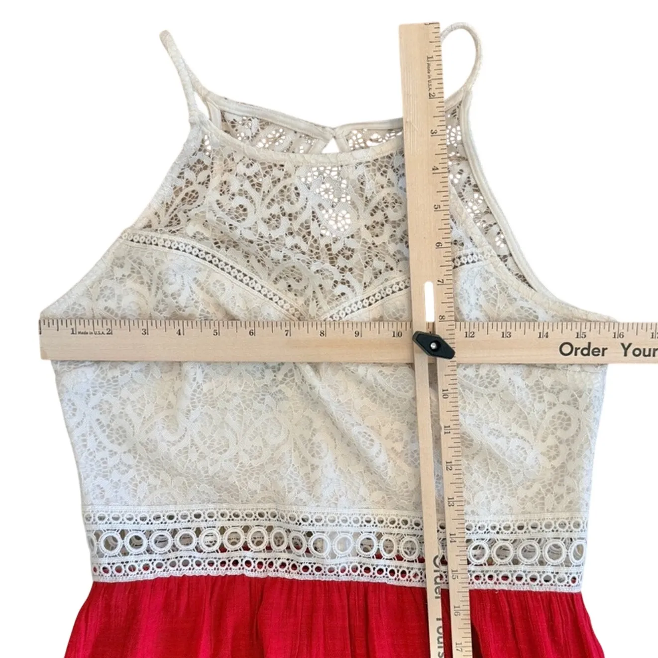 BCX Red Cream Lace Gauze Racerback Maxi Dress Party Formal Wedding Guest size 11 - Image 7