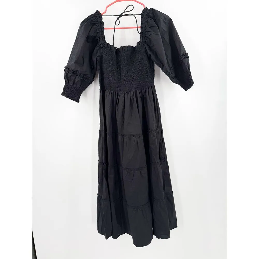 Hill House Nesli Nap Dress Size Extra Small NWT Black Smocked Midi Tiered A - Image 6