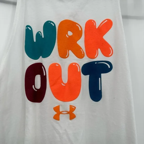 Under Armour size medium loose fit white tank top wrk‎ out balloon letter print - Image 5