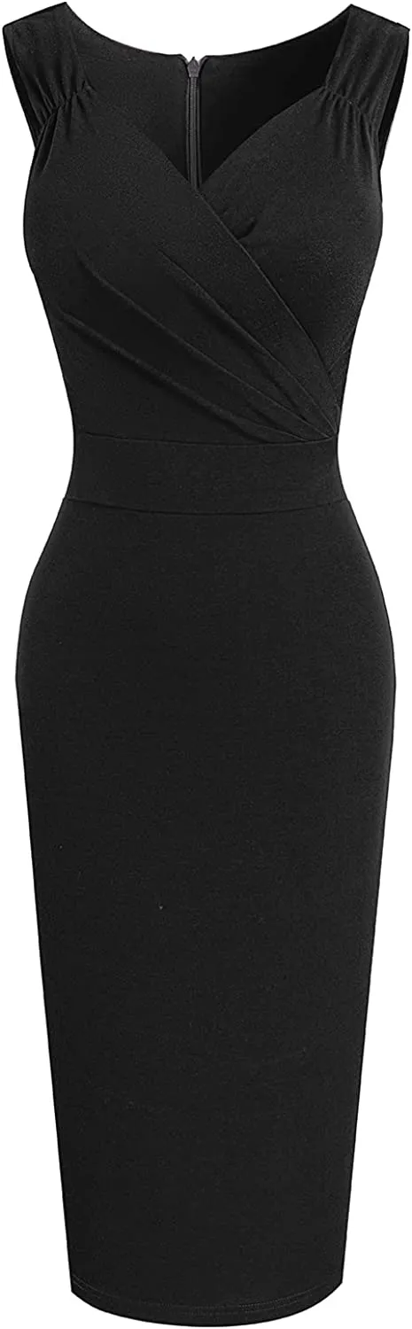 (Size 8) Women's 50s 60s Sleeveless Pleated Ruched Cocktail Midi Pencil Dress (Brand New) - Image 2