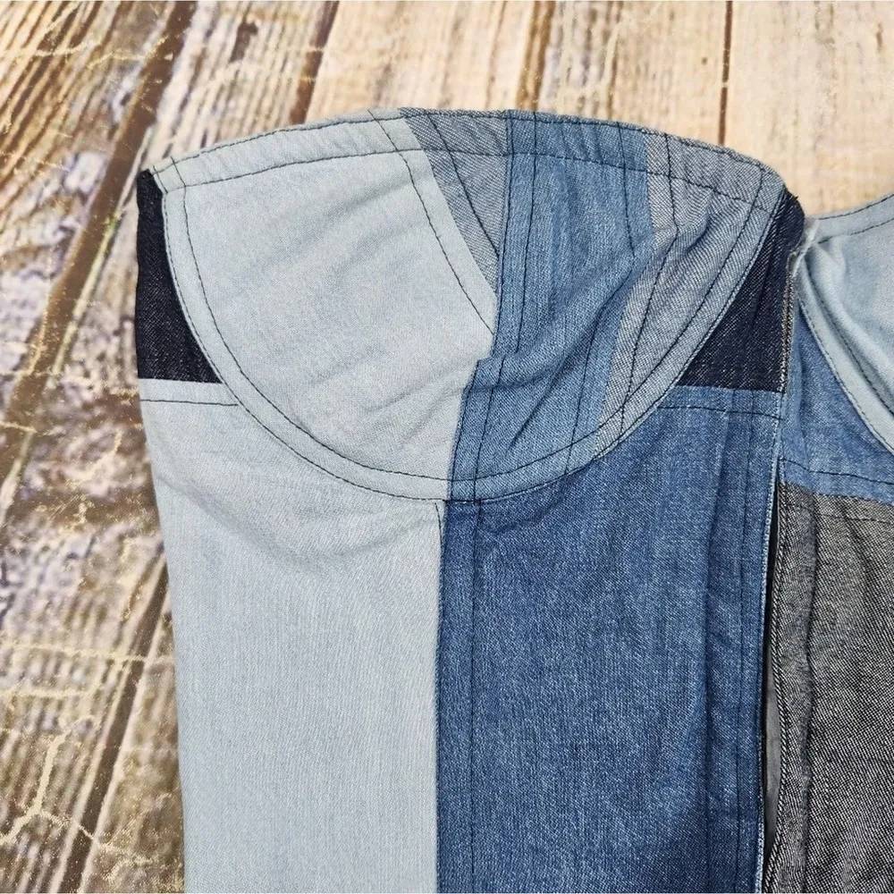 Love the Label Valeria Corset Top in Denim Patchwork Blue Size Small Strapless - Image 5