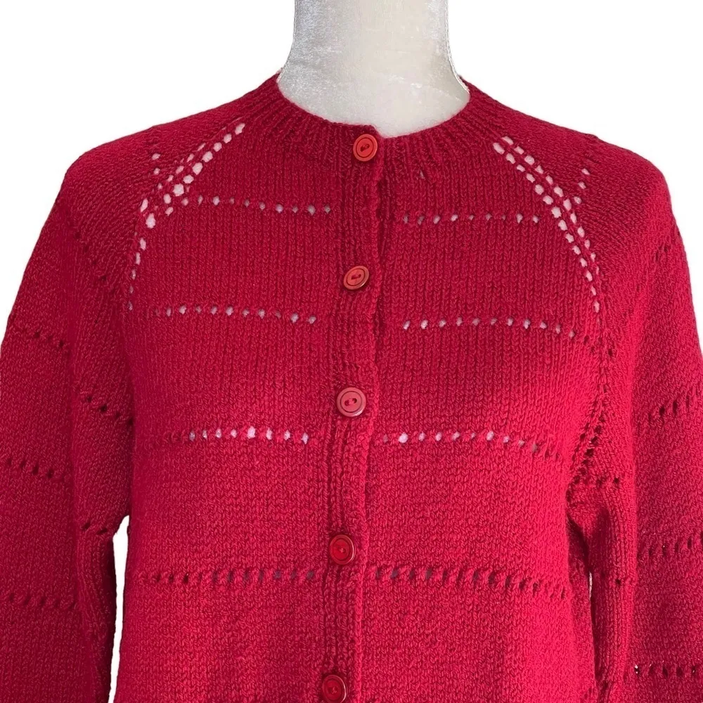 Hadmade Women’s Handcrafted Open Knit Red Cardigan Sweater Hand Knitted Size M - Image 2