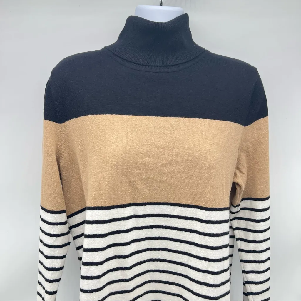 Tommy Hilfiger Women’s Black and Tan Striped Turtleneck Sweater-Size L - Image 2