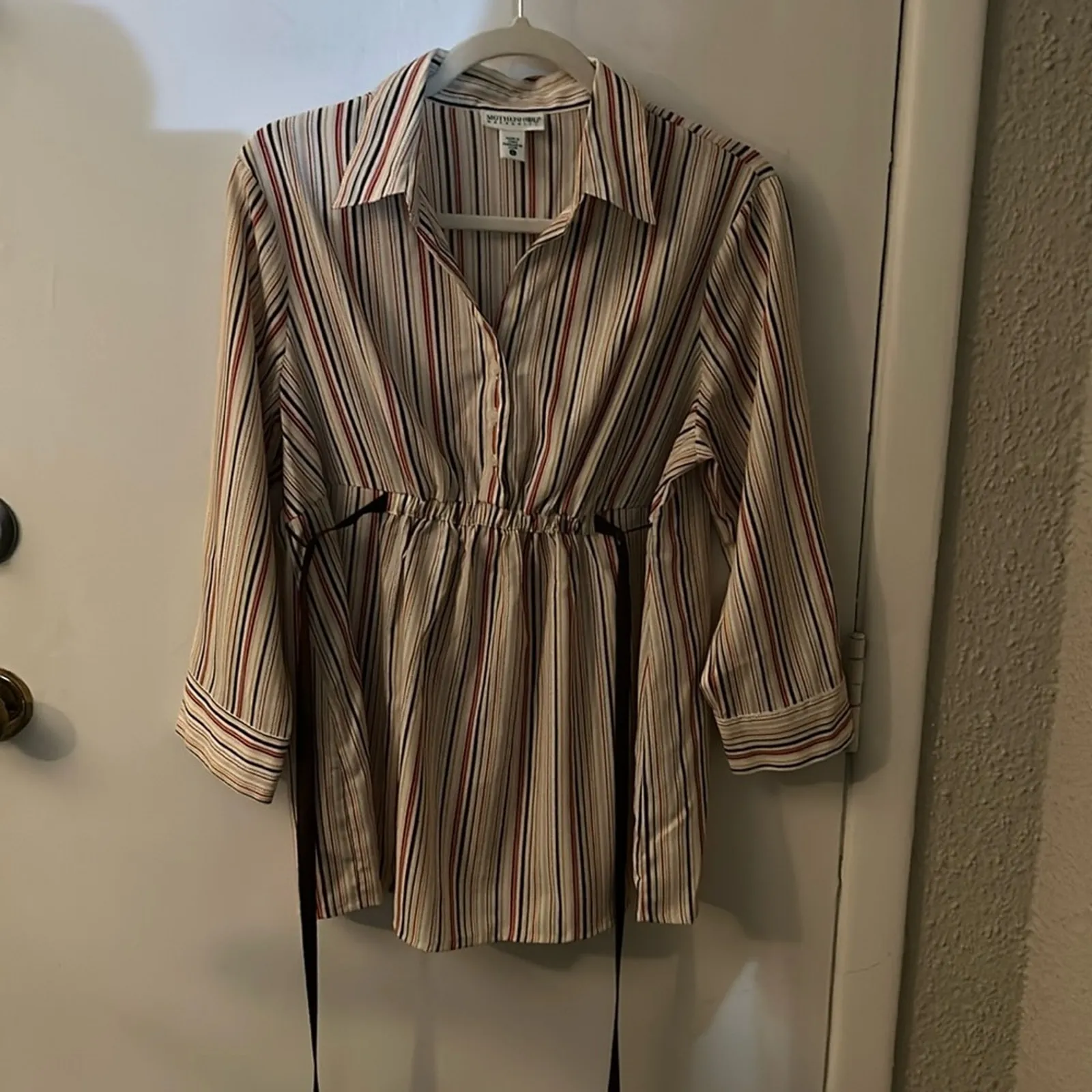Motherhood Maternity Striped Button Up Tie Belt Elastic Waist Top L Multicolor - Image 3