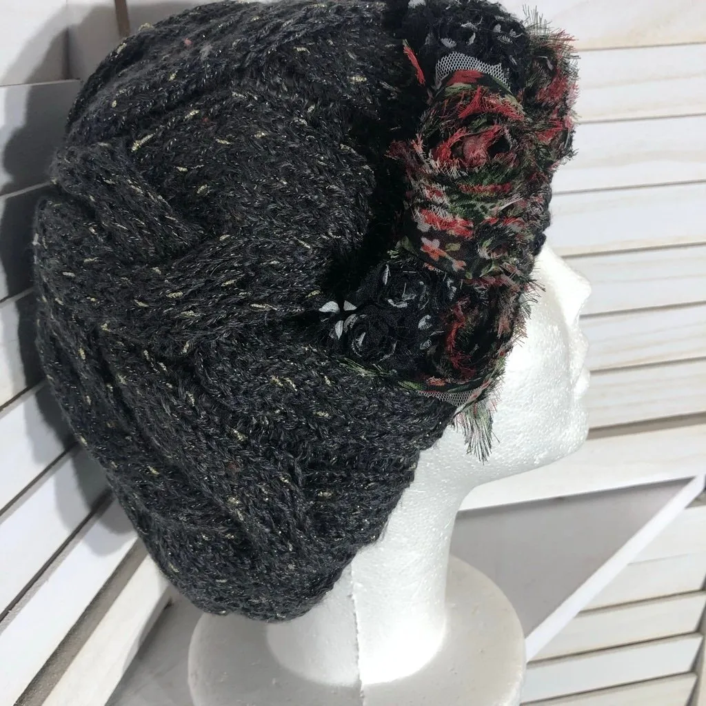 Grace Hats Beanie Beret Cable Knitted 3D Floral Appliqué Stretchy Gray One Size Black - Image 7