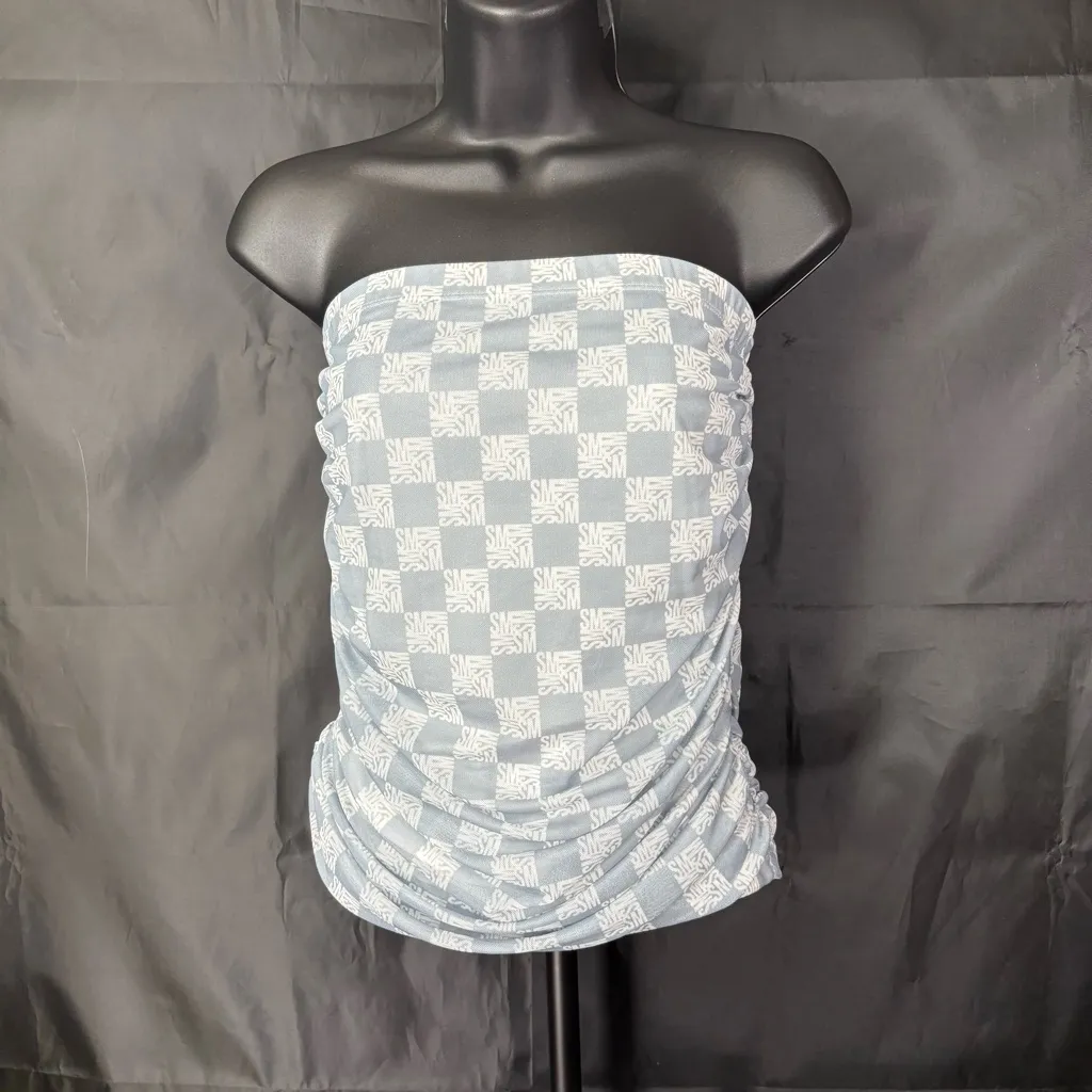 Steve Madden Light Blue and White Checkered Swim Coverup - Image 2