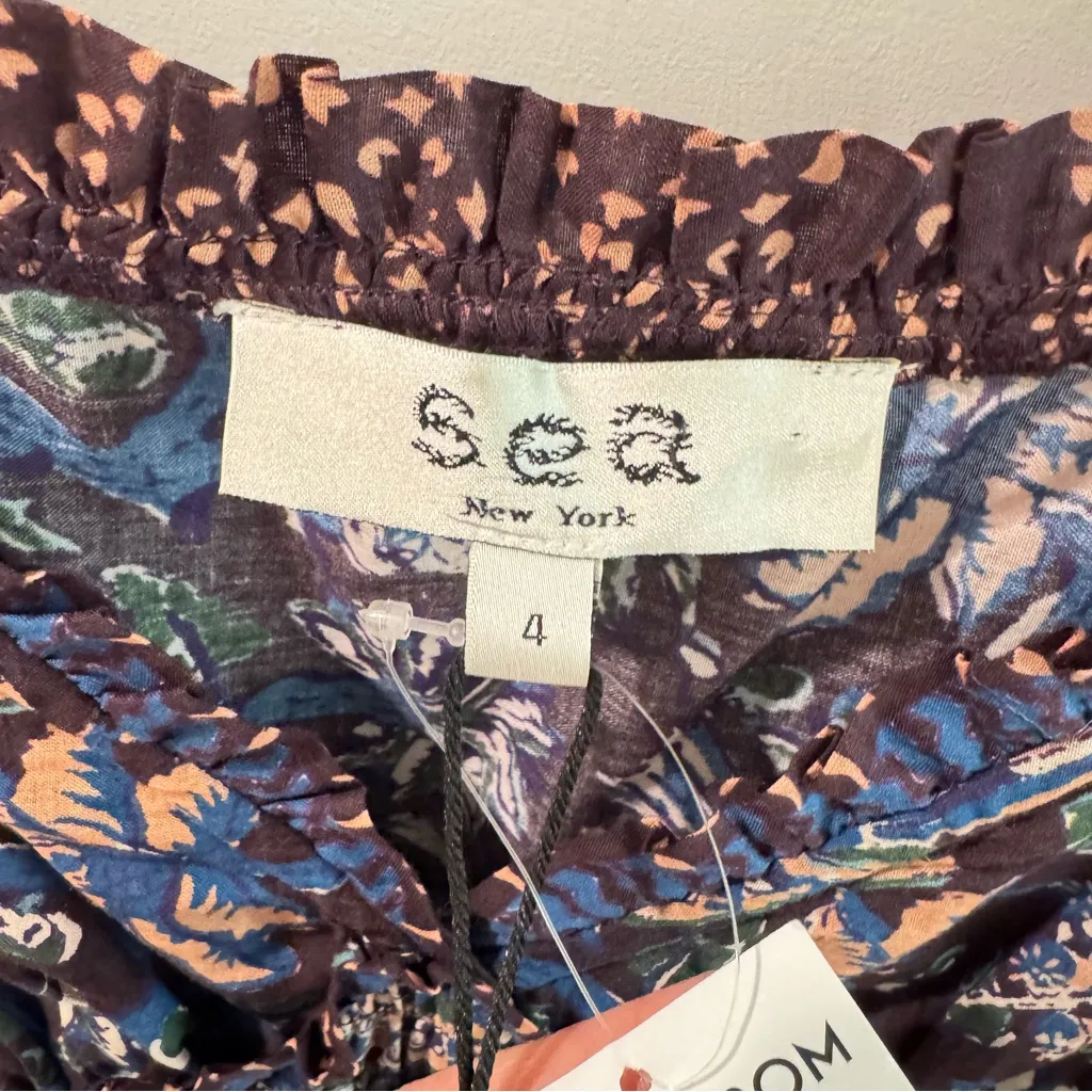 NWT Sea Noah Tiered Shirred Mixed Floral Print Cotton Voile Midi Dress Size 4 Blue - Image 5