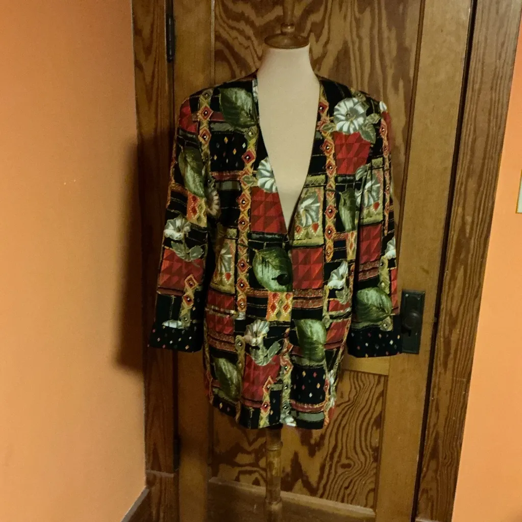 Vtg 80s bright colorful patchwork and floral blazer Size 14 - Image 5