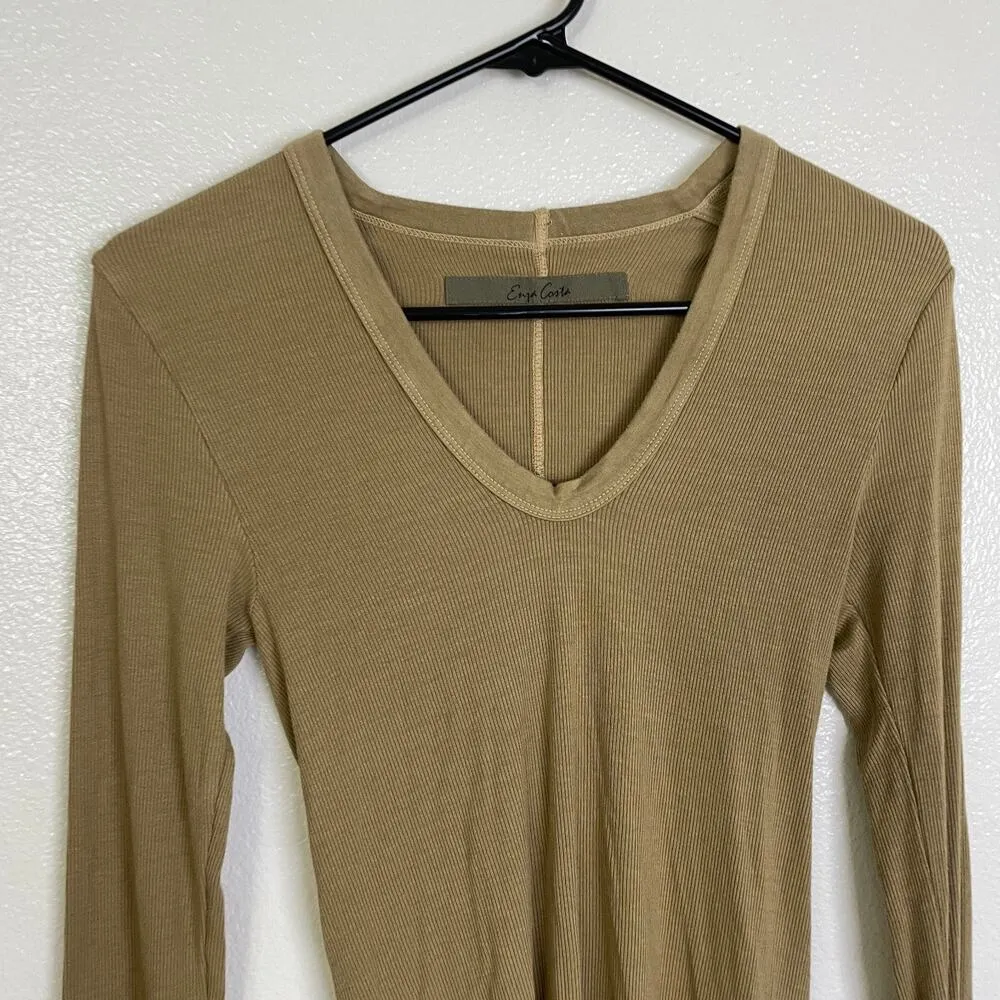 Enya Costa Long Sleeve Top Womens Size XS/Small Tan Ribbed Knit V Neck Fitted Brown - Image 3