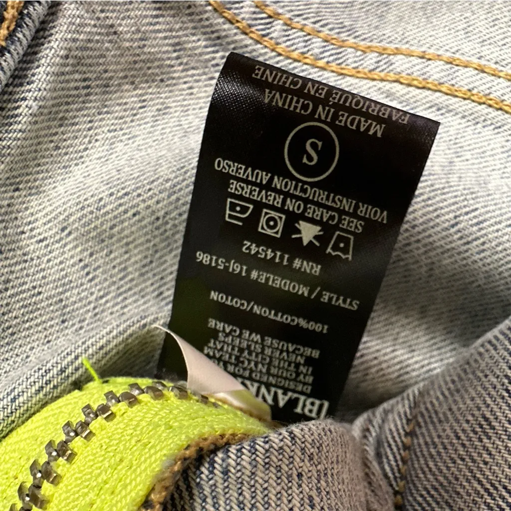 Blank NYC Distressed Blue Denim Jean Jacket Neon Yellow Side Zipper Details - Image 7