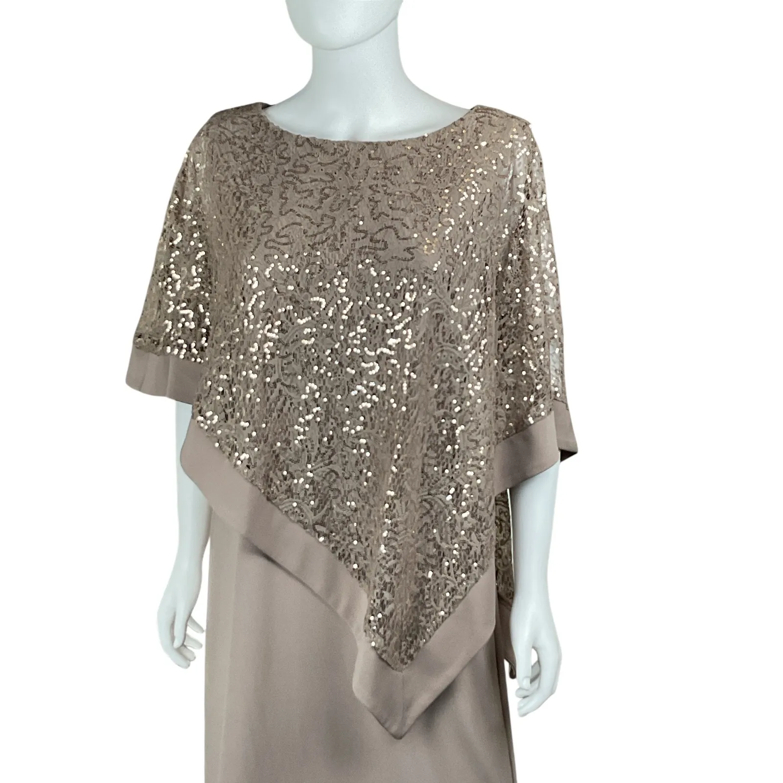 Sequin Lace Overlay Dress Elegant Party Cocktail Special Occasion Tan Size 10 - Image 2