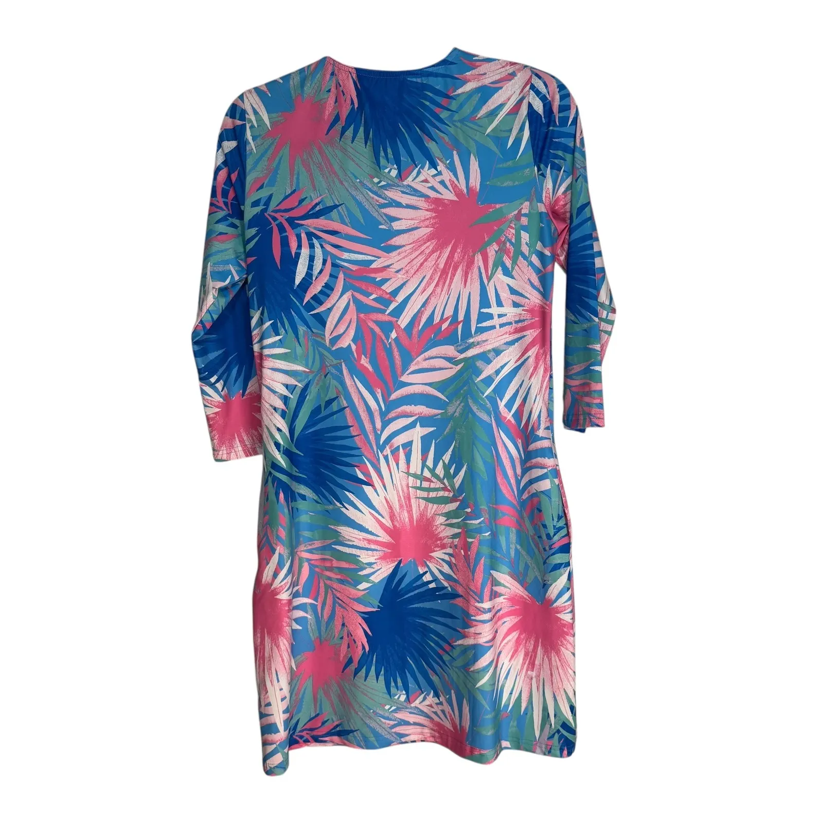 Banana Boat UPF 50 V Neck Shirt Dress Tropical Palm Print Blue Pink Size S - Image 11