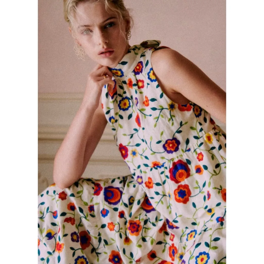Sezane Olympia in Multicolor Embroidered Flowers Tiered Maxi Dress 40 / US 8 - Image 2