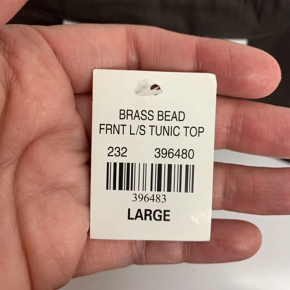 Tantrums Size L Tunic Top Brass Beaded Front Long Sleeve Split V - Image 8