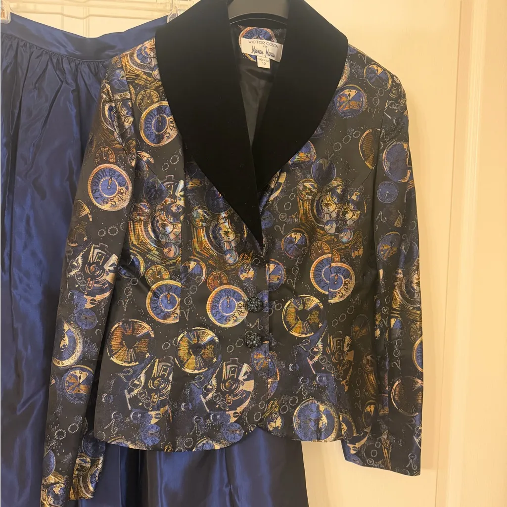 Victor Costa Blue w/gold blazer 10 & J.R. Nites blue taffeta Skirt 12 Set - Image 3