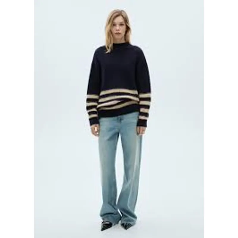 MNG Mango Striped Sweater With Perkins Neck Womens Size Medium NWT Glitter Black - Image 3