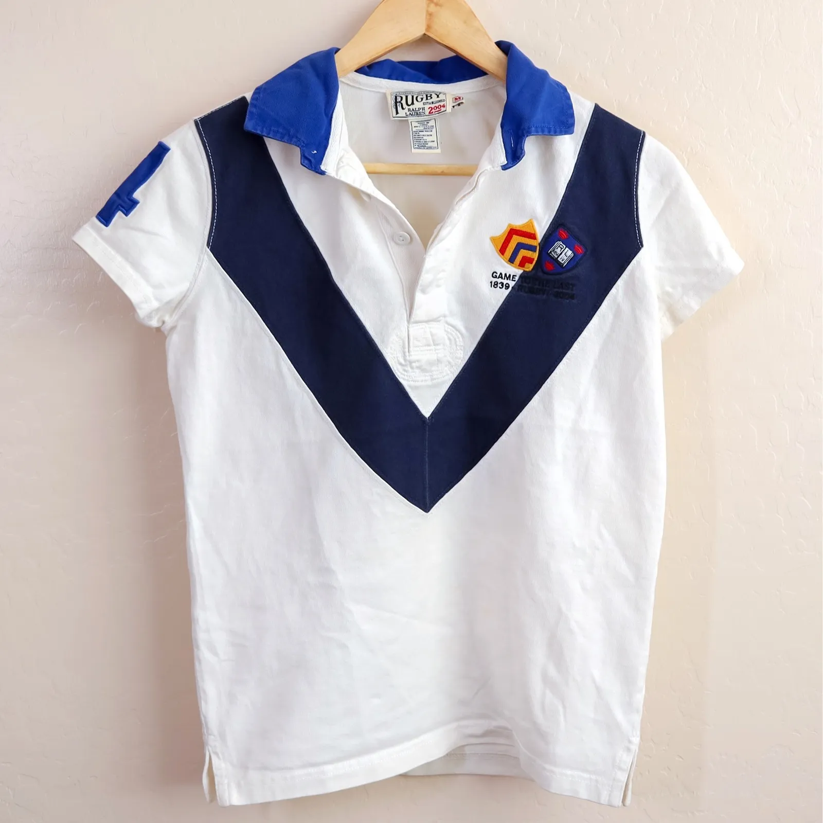 Rugby Ralph Lauren White‎ Polo Shirt Blue Collar Game To The Last 2004 Medium White - Image 3
