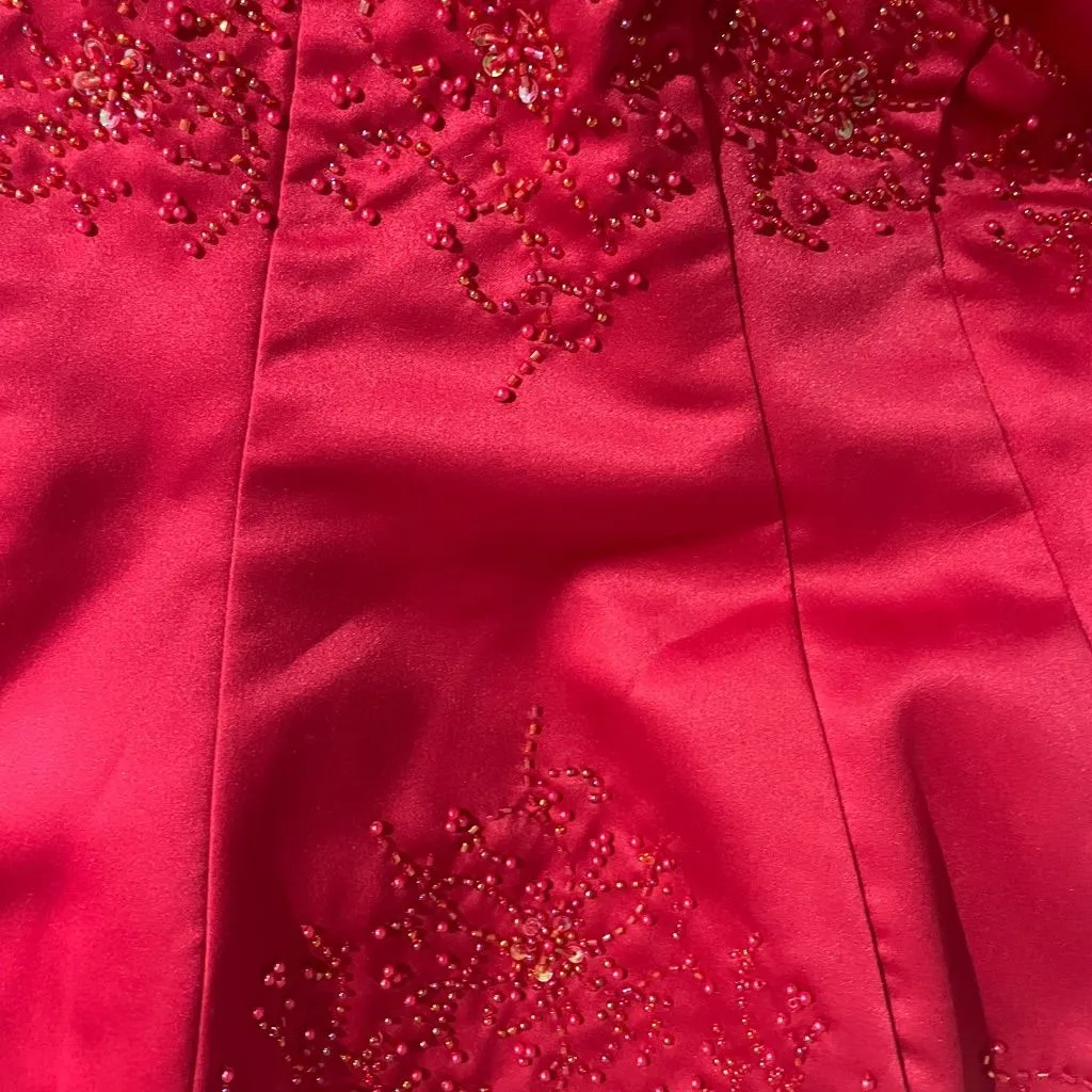 Y2K Blondie Nites Style 50124J Ruby Red Satin Gown - Beaded Pick-Up Skirt - Image 10