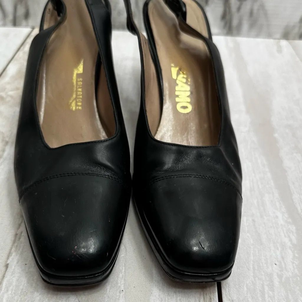 Salvatore Ferragamo Black Leather Slingback Block Heels Office Siren Classic Vtg - Image 2