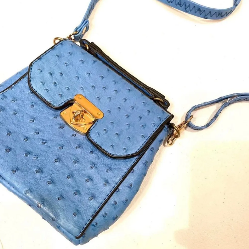 Vintage Blue + Good Ostrich Faux Leather Crossbody Bag Purse - Like New - Image 3