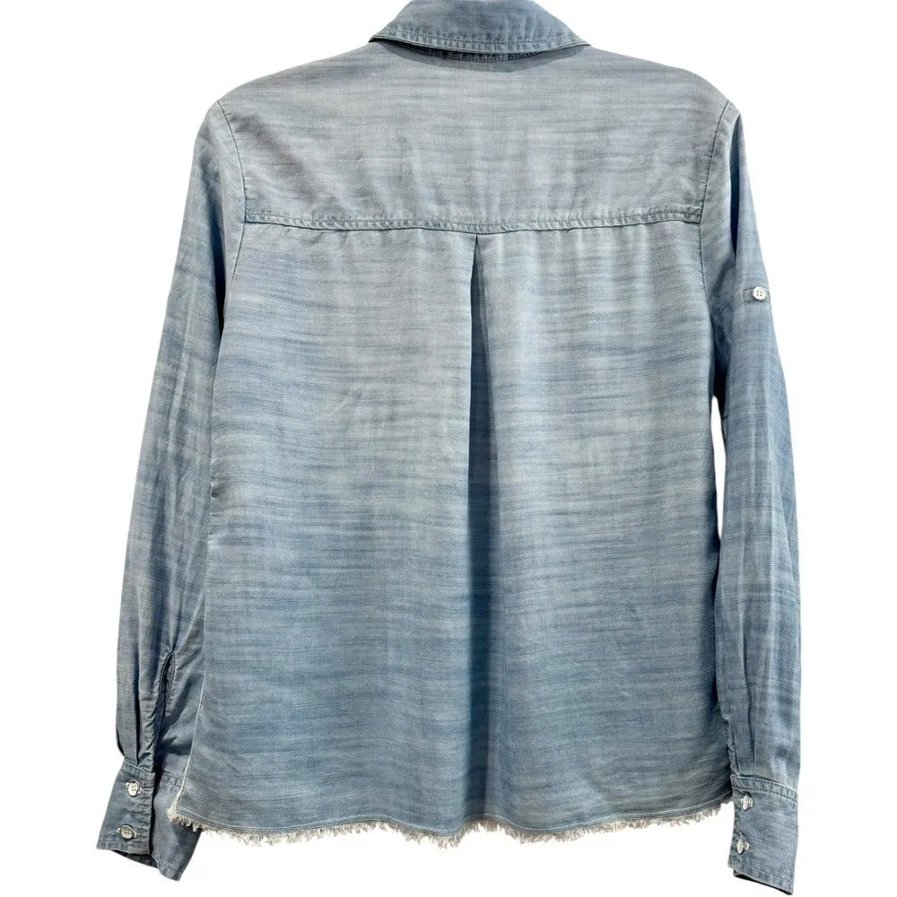 BELLA DAHL WOMEN'S‎ FRAY HEM BUTTON DOWN Chambray Tencel SHIRT Boho Chic Size XS - Image 2