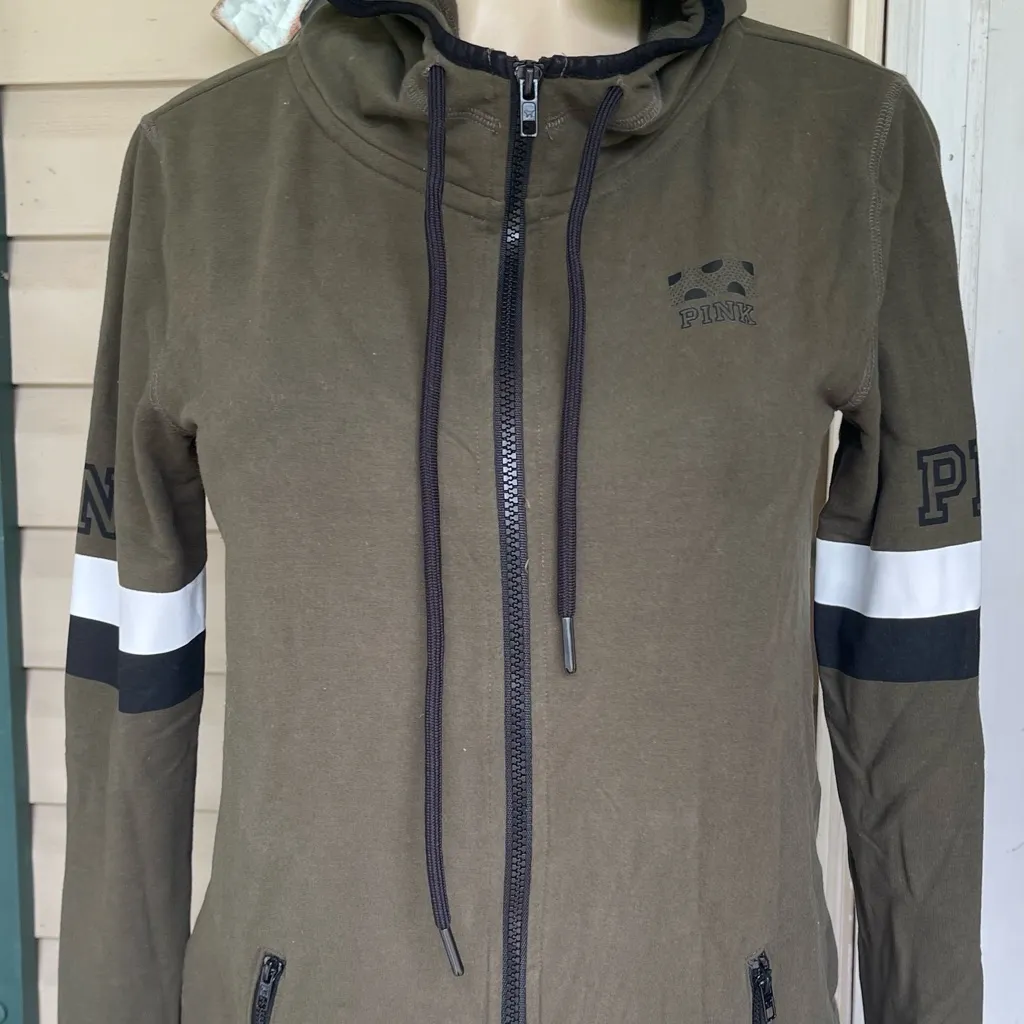 Pink Victoria's Secret Tops Pink Olive Army Green Zipper Hoodie Sweatshirt - Image 6