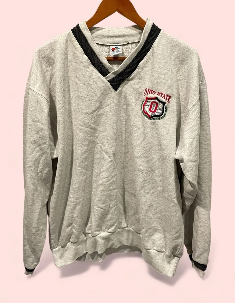 Vintage 80s Ohio State heather gray sweater trim sweatshirt crest v - Image 2