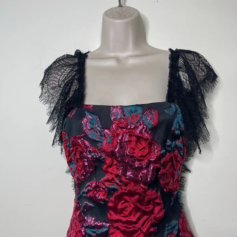 NWT Sandra Mansour jacquard pink roses mini black dress sz 34 US XS - Image 10