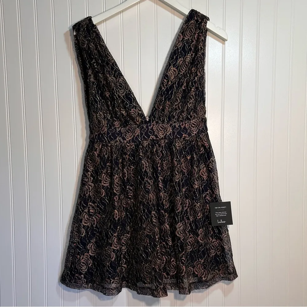 Lulus Tawny Navy Blue and Gold Metallic Lace Skater Dress Sz S - Image 4