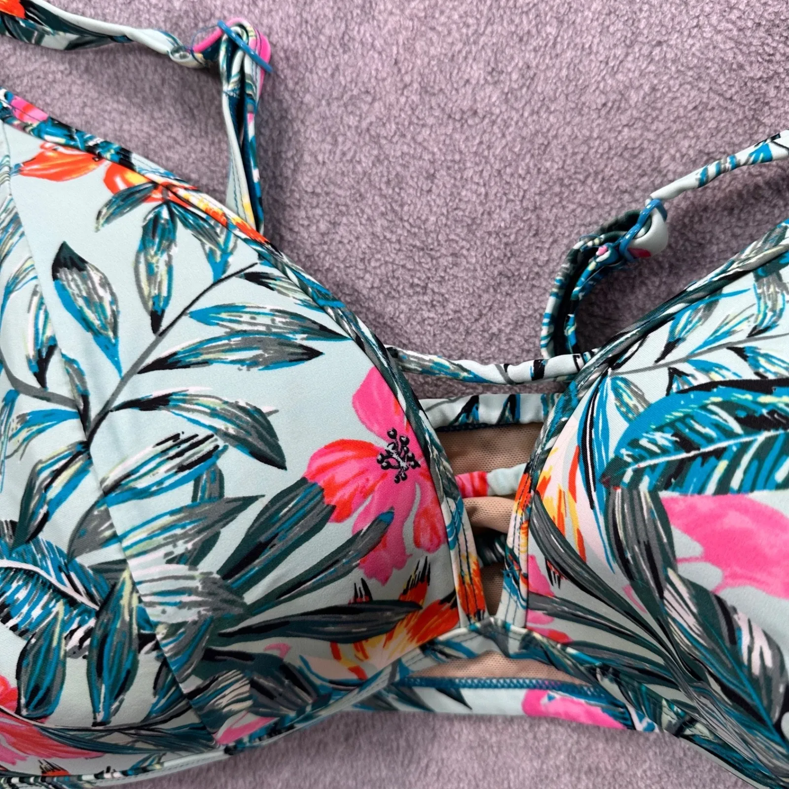 Cacique Swim Bikini Top Women's 20 Blue Tropical Palm Print Flamingo - Image 4