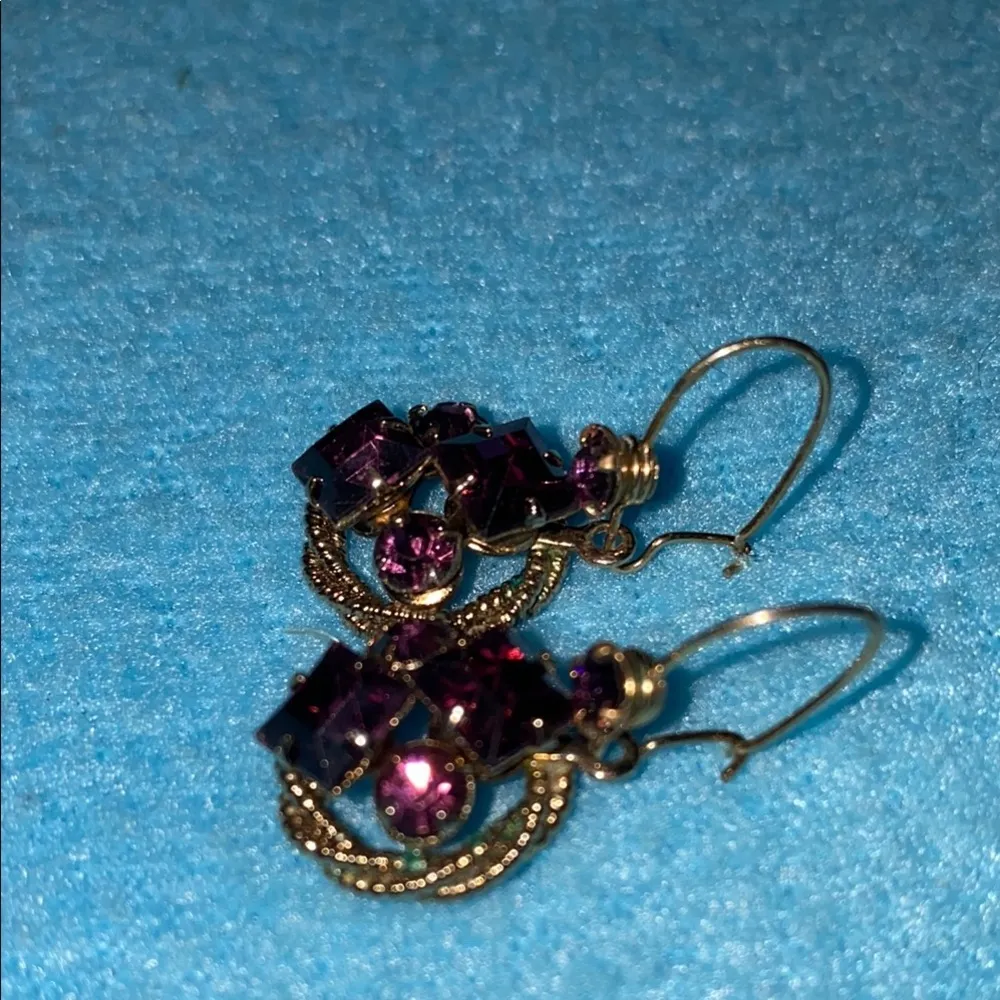AMETHYST vintage rare antique faux cluster pierced wire earrings drop style gold - Image 5