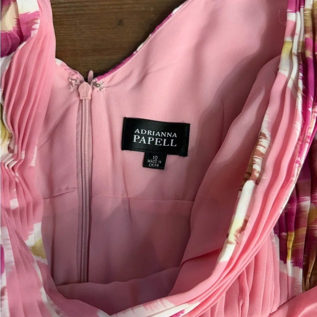 VNTG Adriana Papell Pink Watercolor Floral Pleated Top Chiffon Dress ~ Sz 10 💛🍄 - Image 8